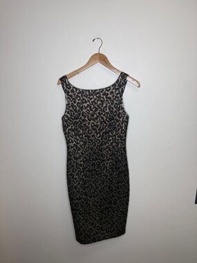 Michael Kors Black and Gold Brocade Midi Sheath Dress